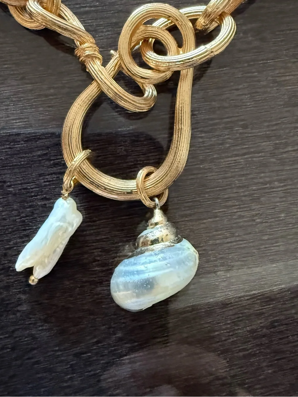 Gold-Tone Knot Link Necklace with Irregular Pearl Drops